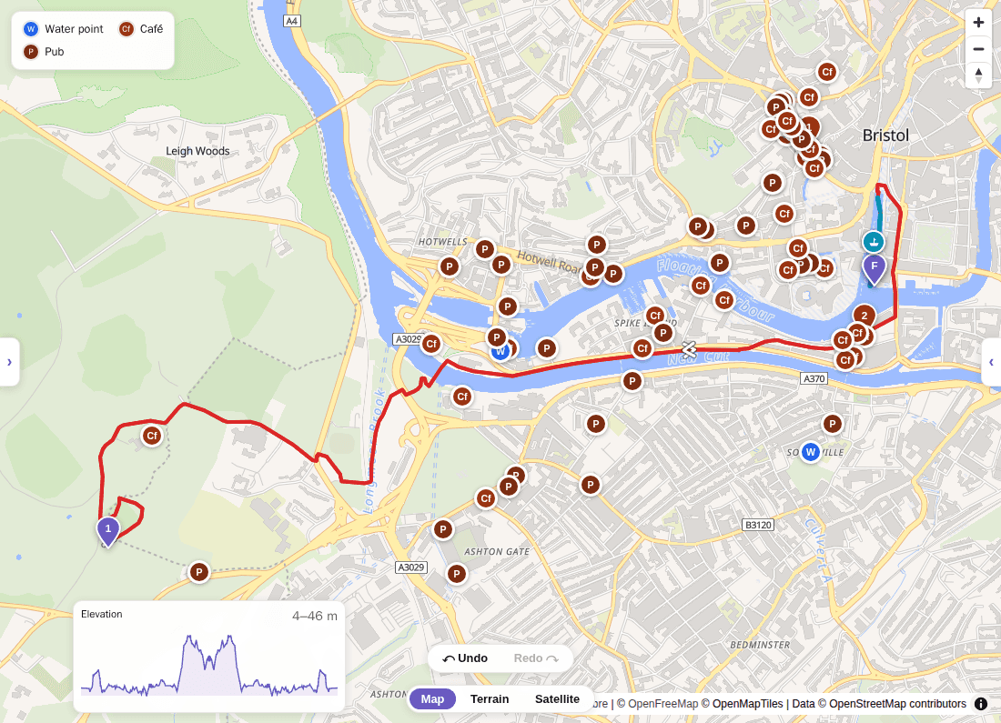 The RouteGems planner showing a route from Aviemore to Loch Morlich with cafe, pub and water stops marked along it